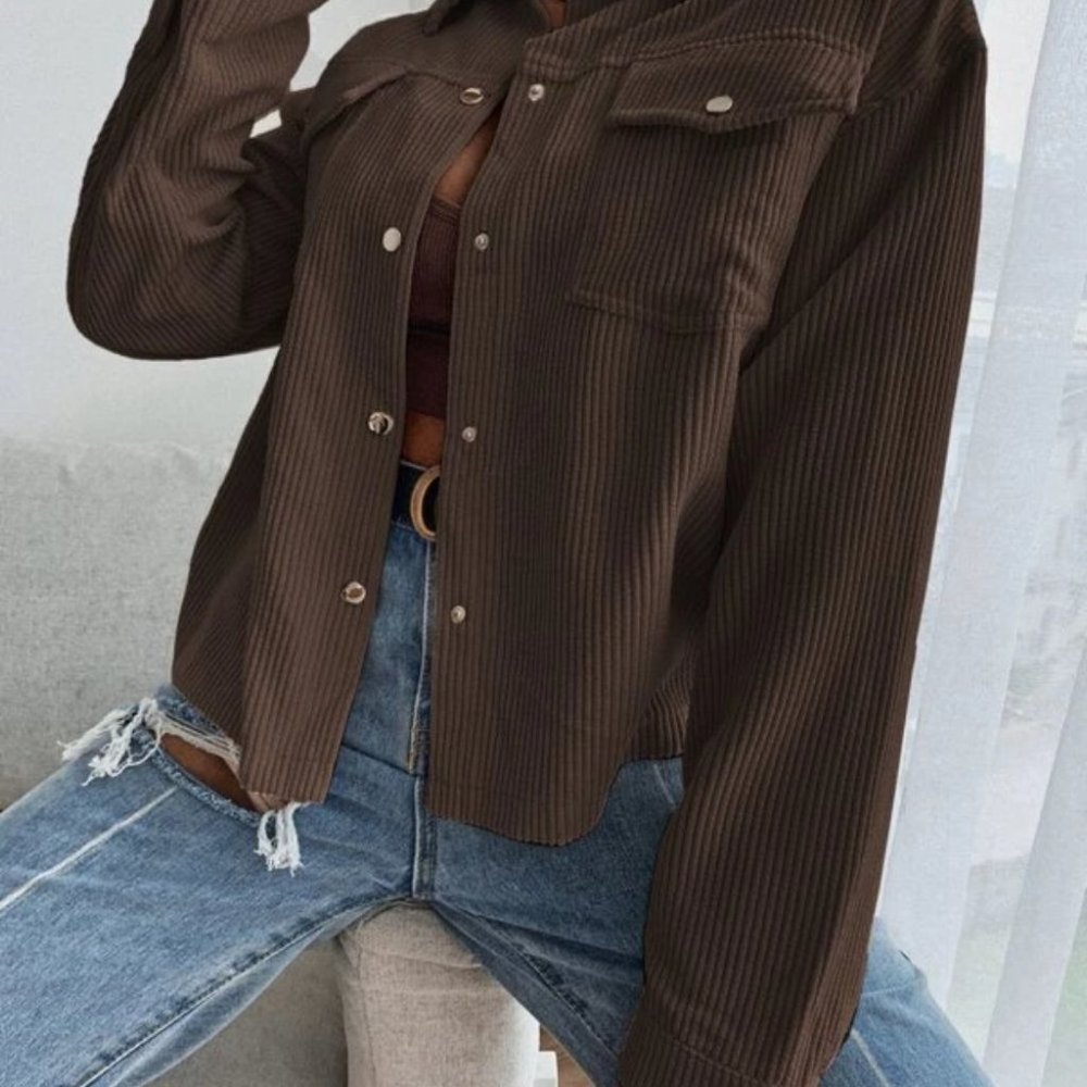 COFFEE BROWN CORDUROY BOTTON DOWN JACKET FALL WINT - Picture 3 of 7